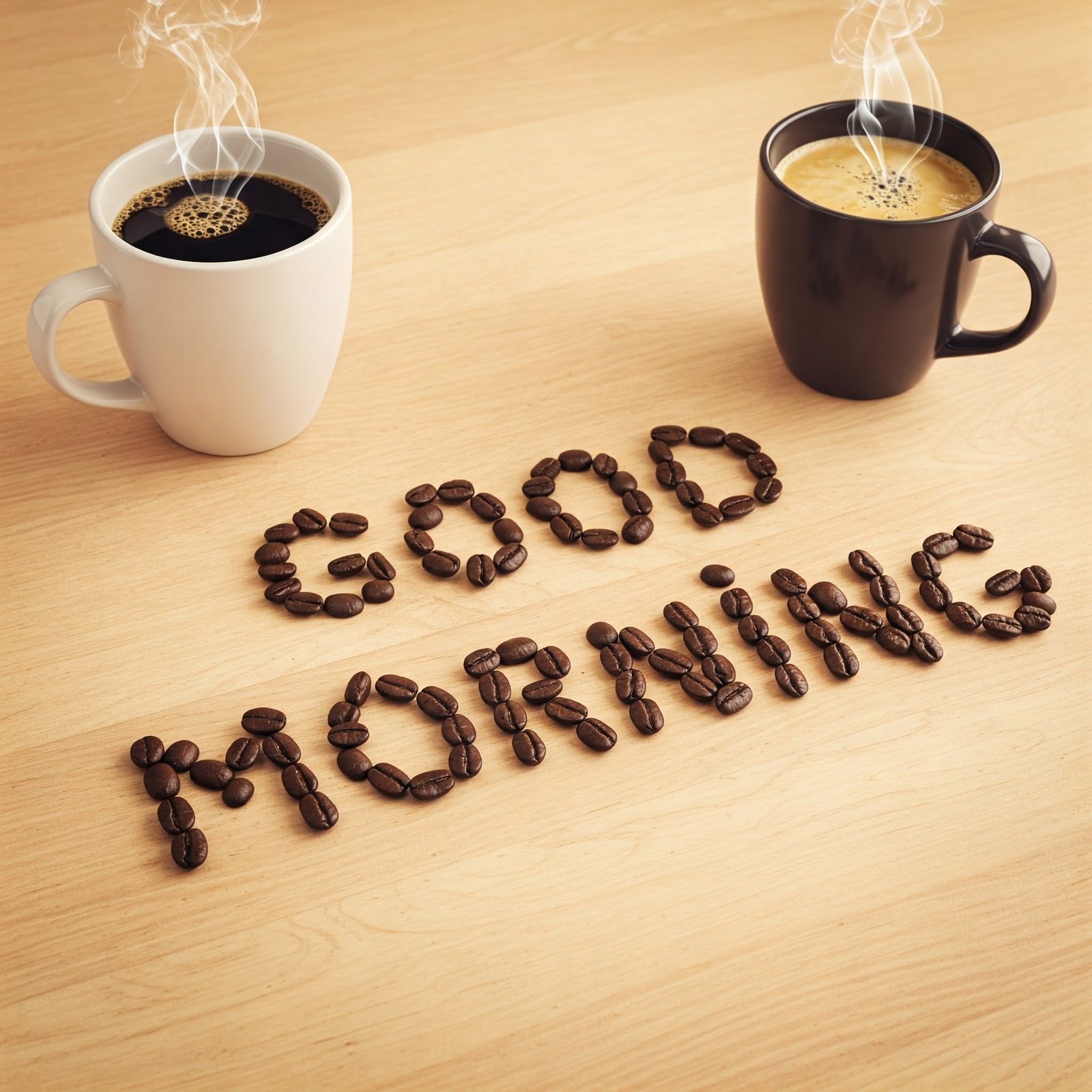 Good Morning Coffee Scene with Two Cups and Coffee Bean Letters