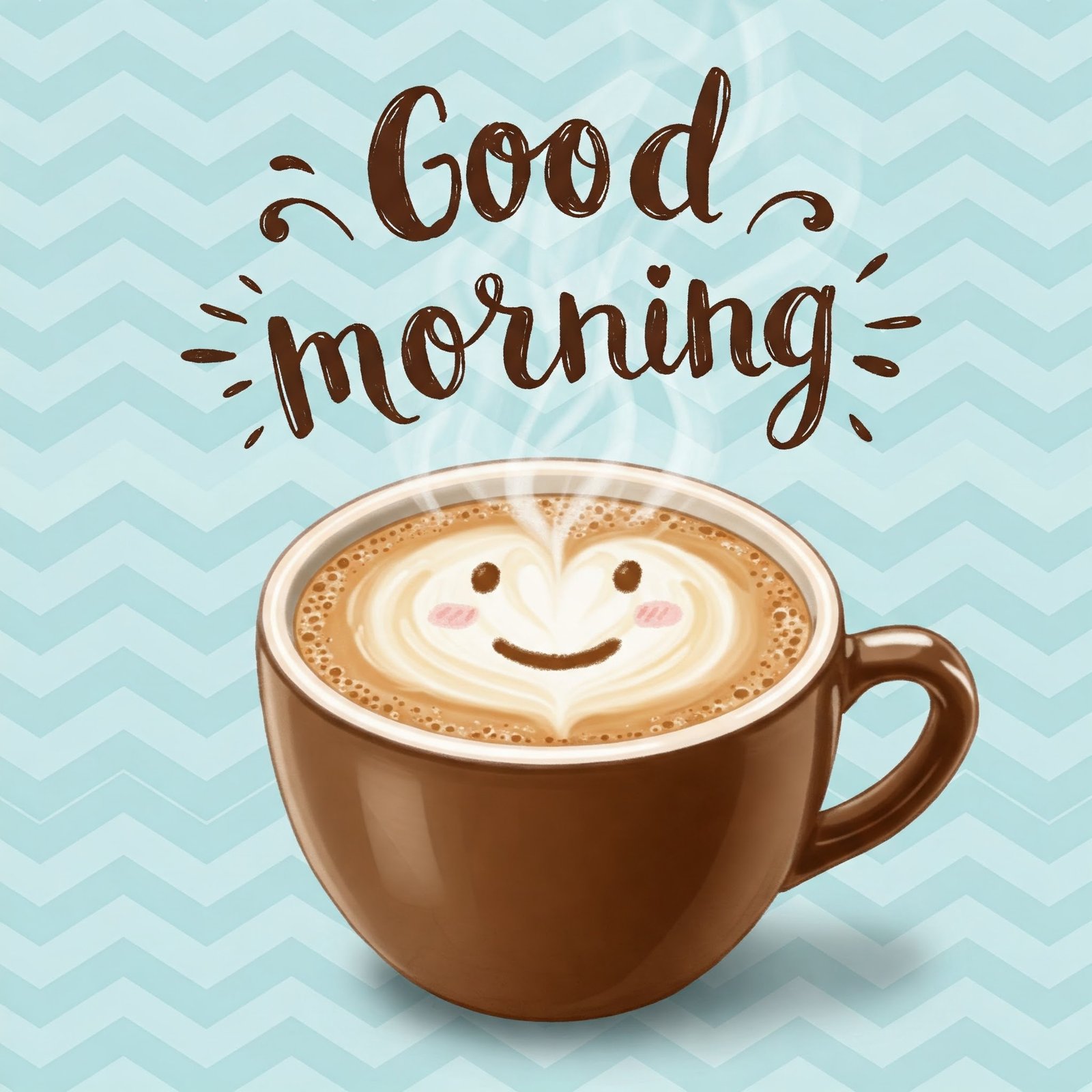 Good Morning Coffee with Smiley Froth on Blue Zigzag Background