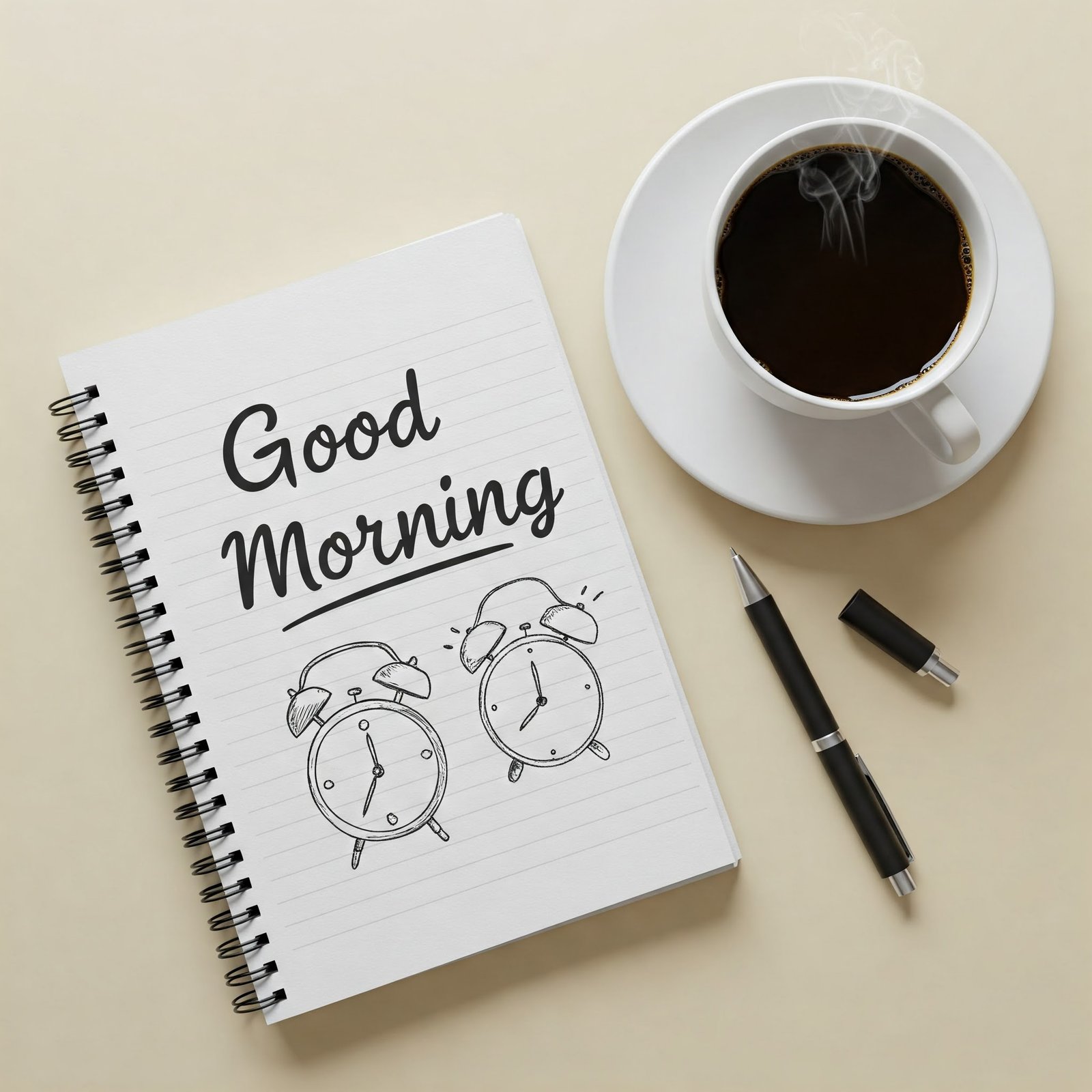 Good Morning Concept with Coffee, Notebook, and Alarm Clock Sketch