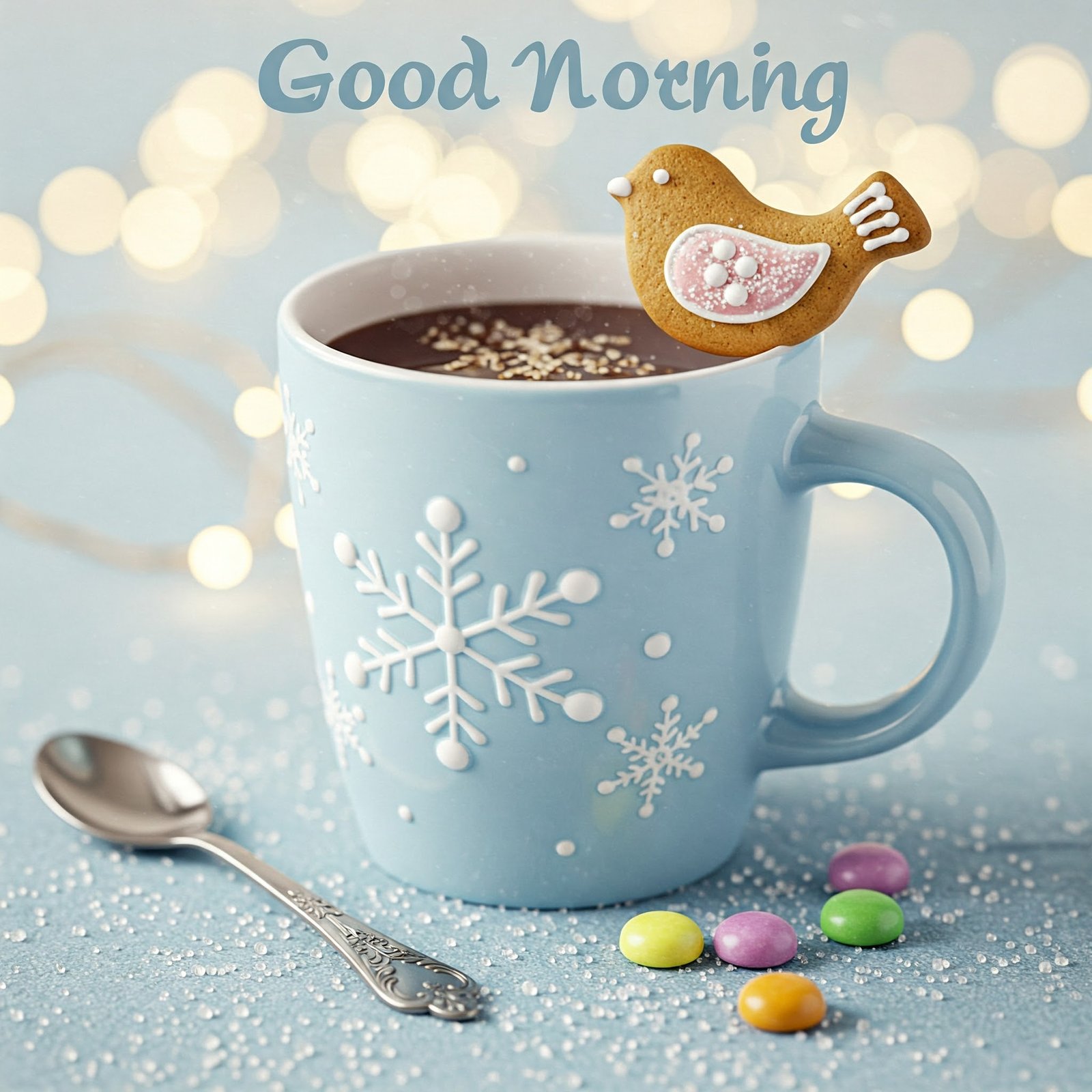 Good Morning Cup with Snowflake Design and Gingerbread Bird Cookie