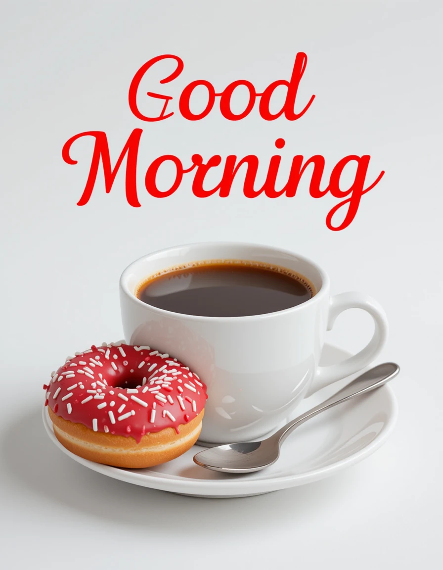 Good Morning Greeting with Coffee and Doughnut on White Background