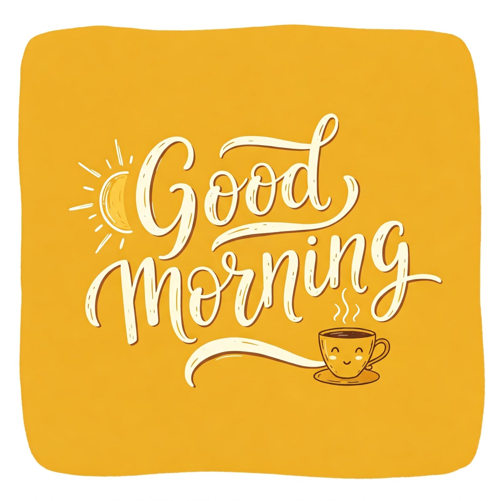 Good Morning Greeting with Coffee Cup and Sun Illustration on Yellow Background