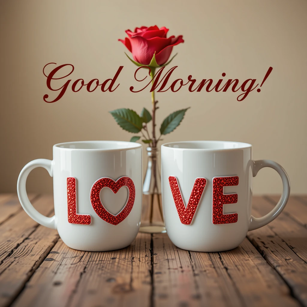 Good Morning Greeting with Coffee Mugs and a Single Red Rose