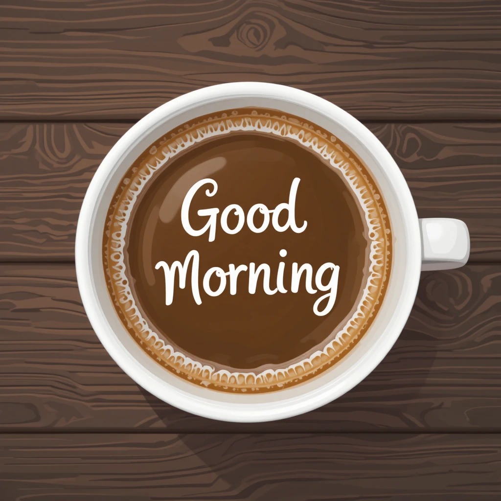 Good Morning Message in Coffee Cup on Wooden Table