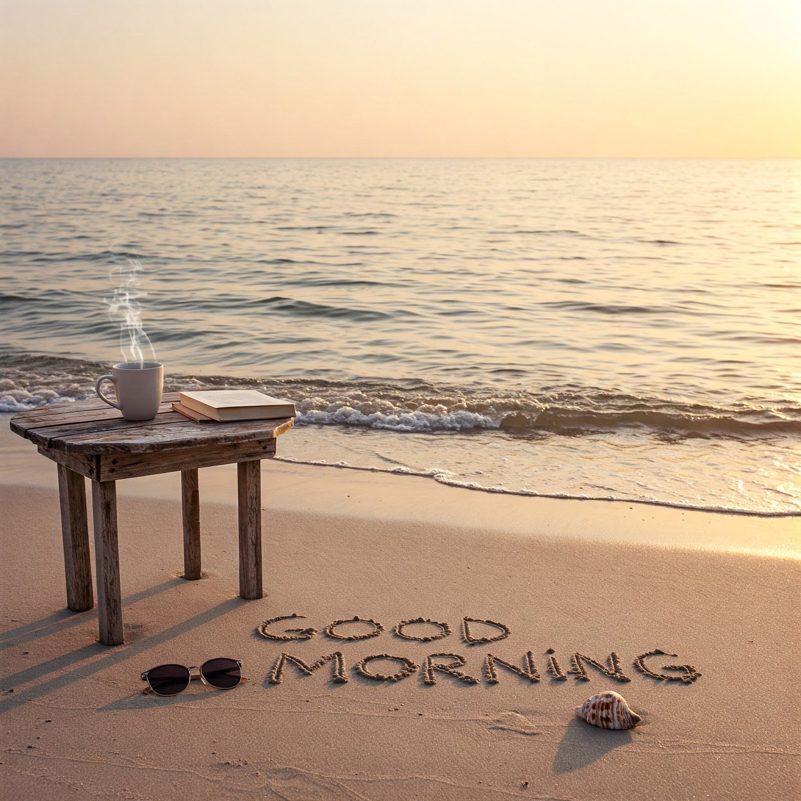 Good Morning Message on Beach Sand with Coffee and Sunrise