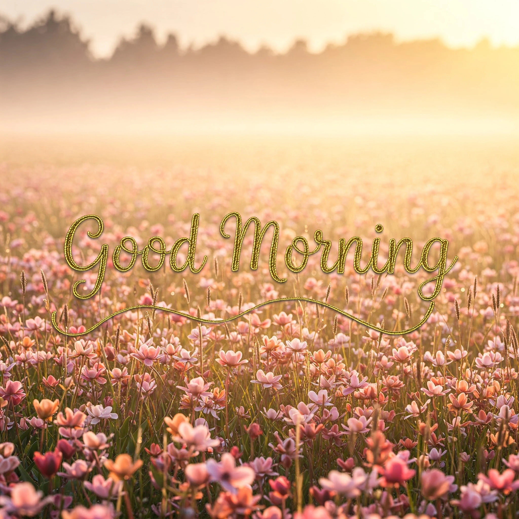 Good Morning Message Set Over a Serene Field of Blossoming Flowers