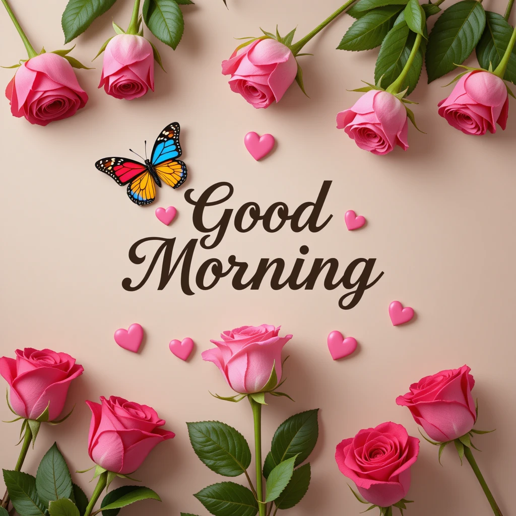 Good Morning Text with Pink Roses, Hearts, and a Colorful Butterfly Art
