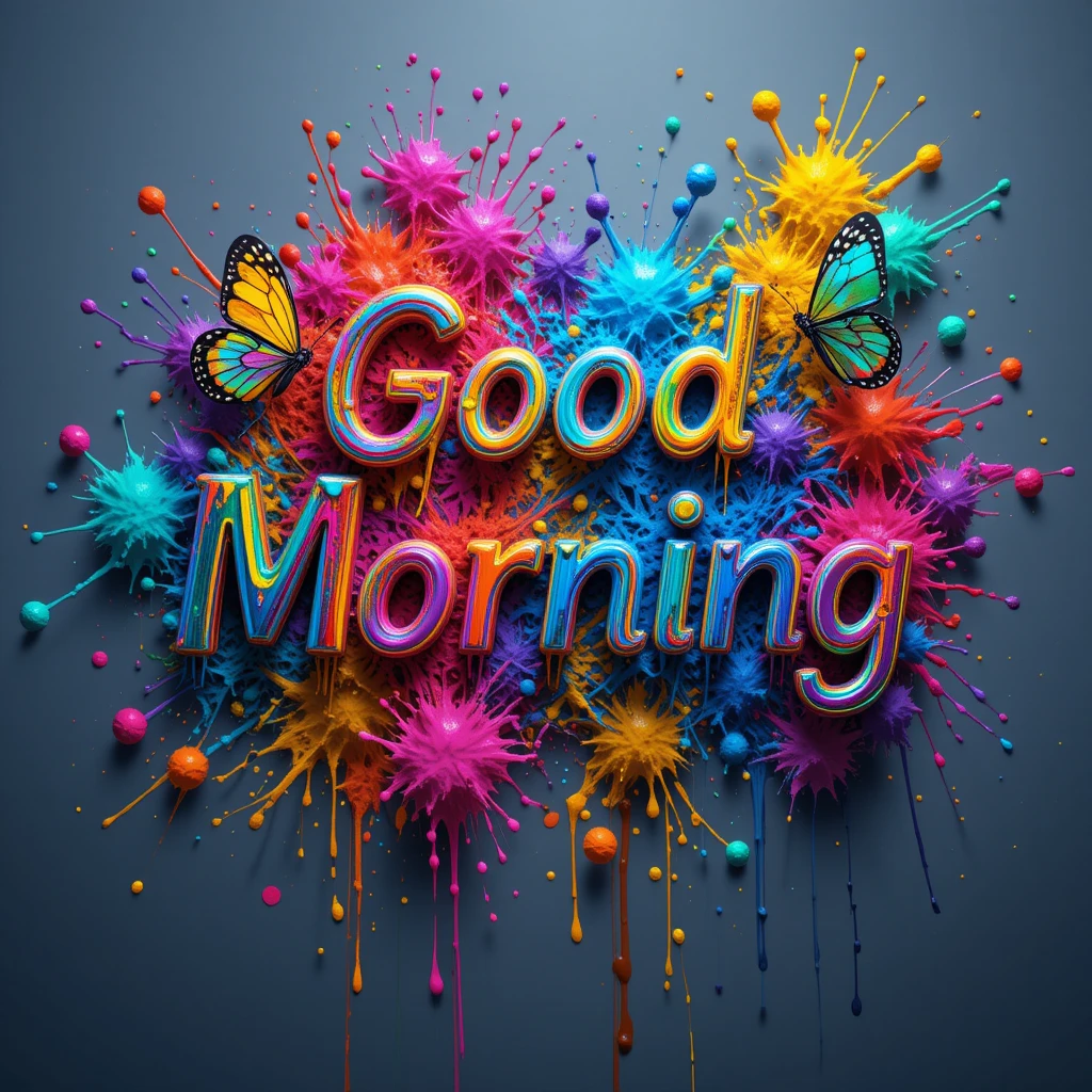 Good Morning Typography with Colorful Splashes and Butterflies for Positive Start