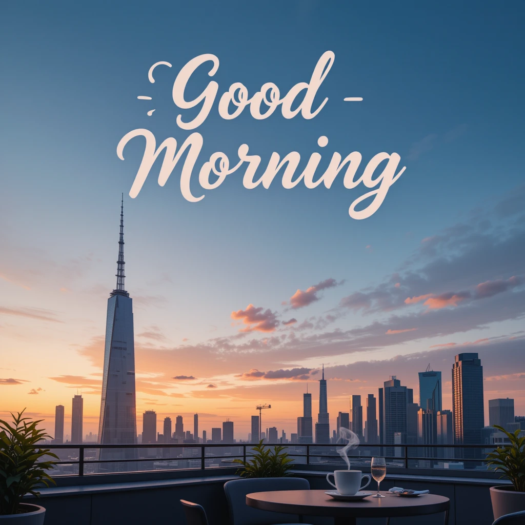 Good Morning Urban Skyline With Coffee on Balcony