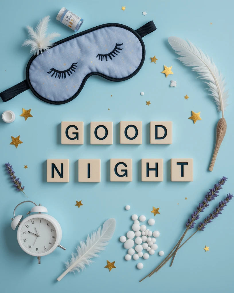 Good Night Concept with Sleep Mask, Stars, and Lavender