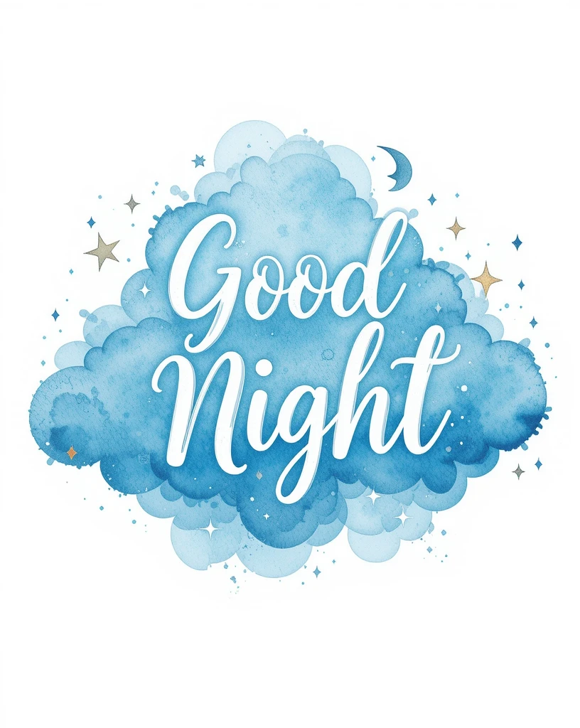 Good Night Text with Blue Cloud, Stars, and a Crescent Moon Illustration