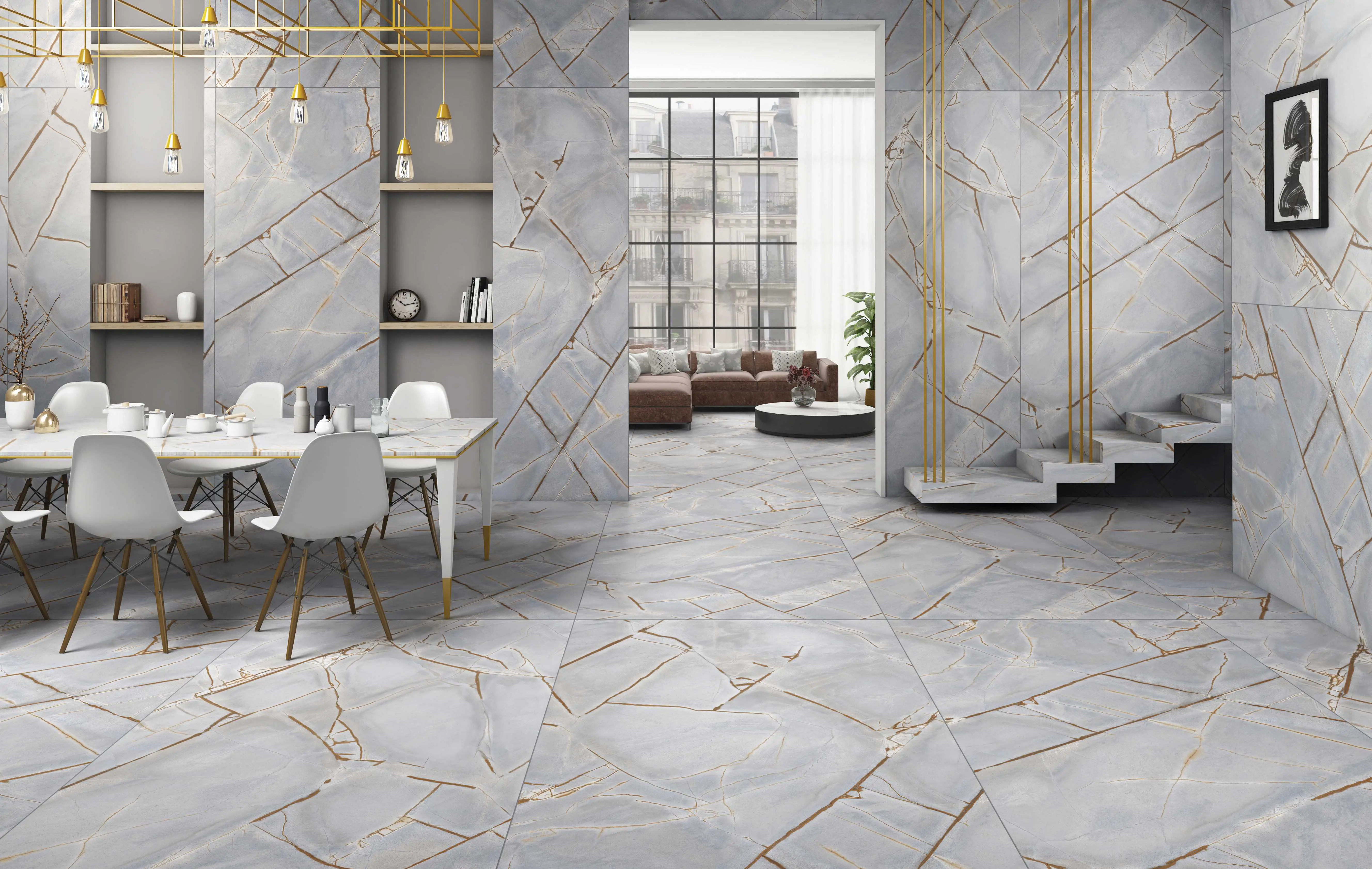 Gray Porcelain Tiles with Gold Veins in a Modern Interior