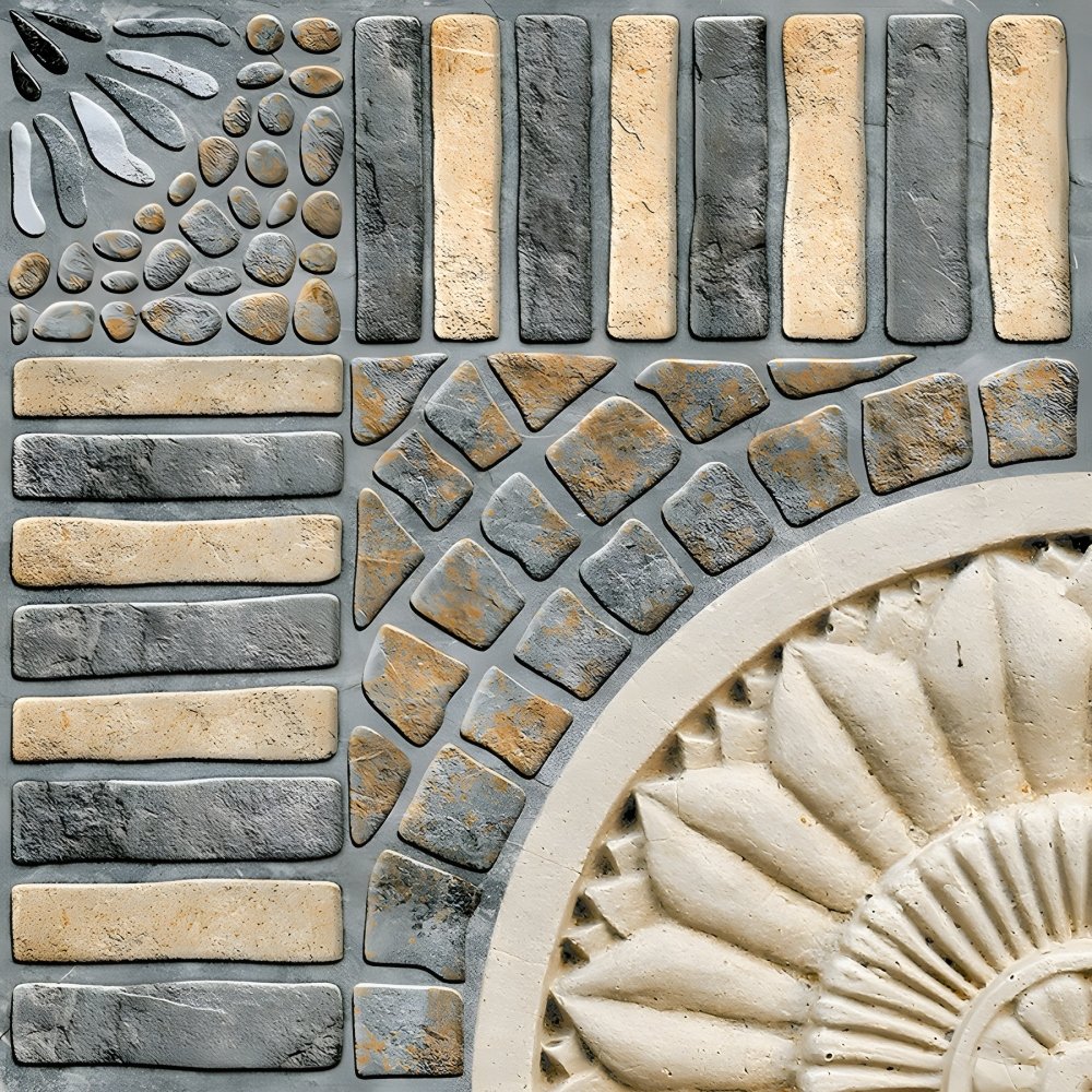 Grey Stone Beige Plank Floral Parking Tile