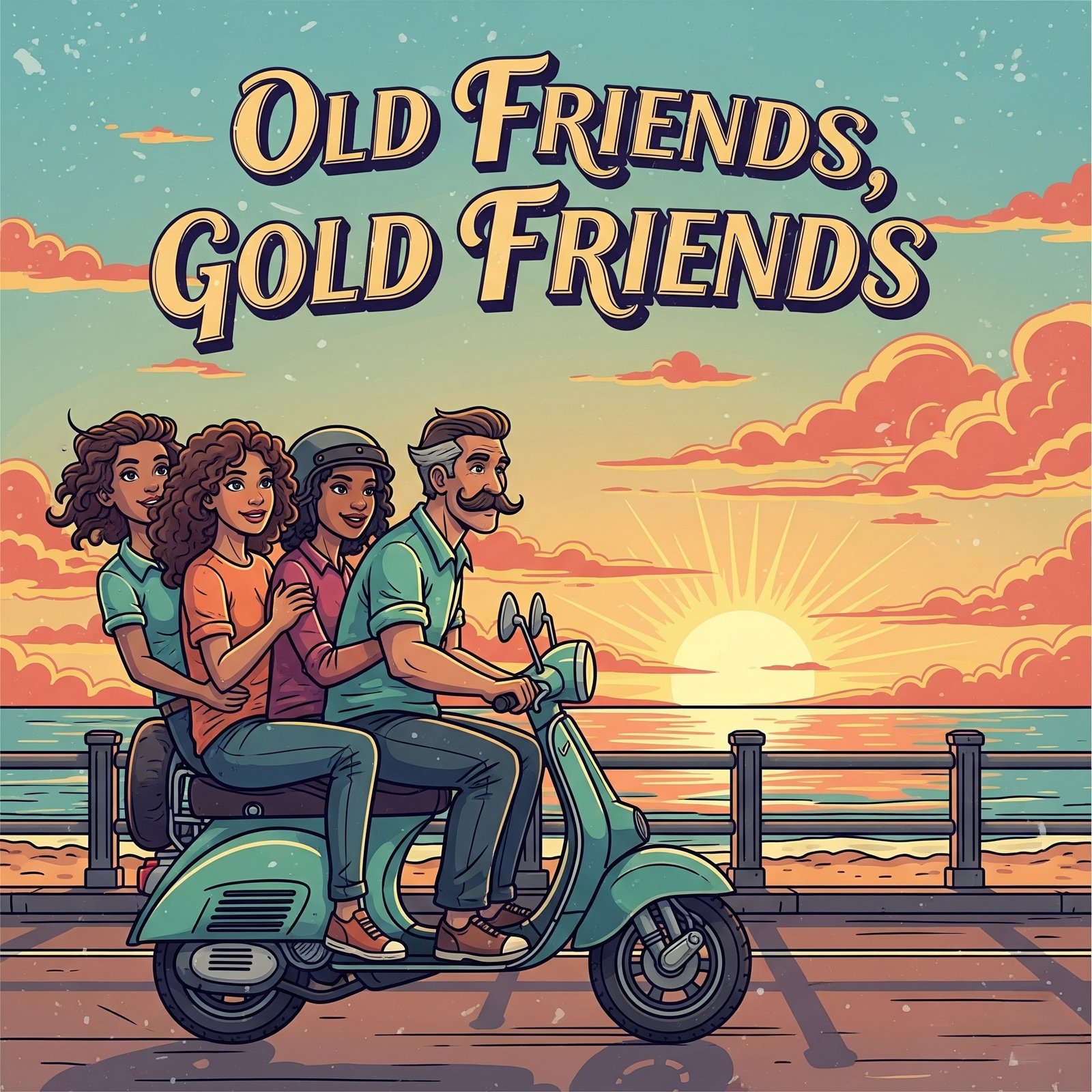 Group of Close Friends Riding Scooter at Sunset Along Seaside