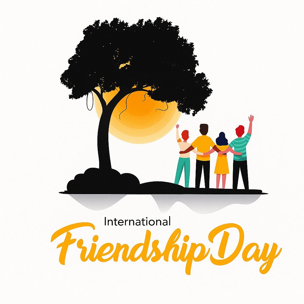 Group of Friends Celebrating International Friendship Day Under a Sunset Tree