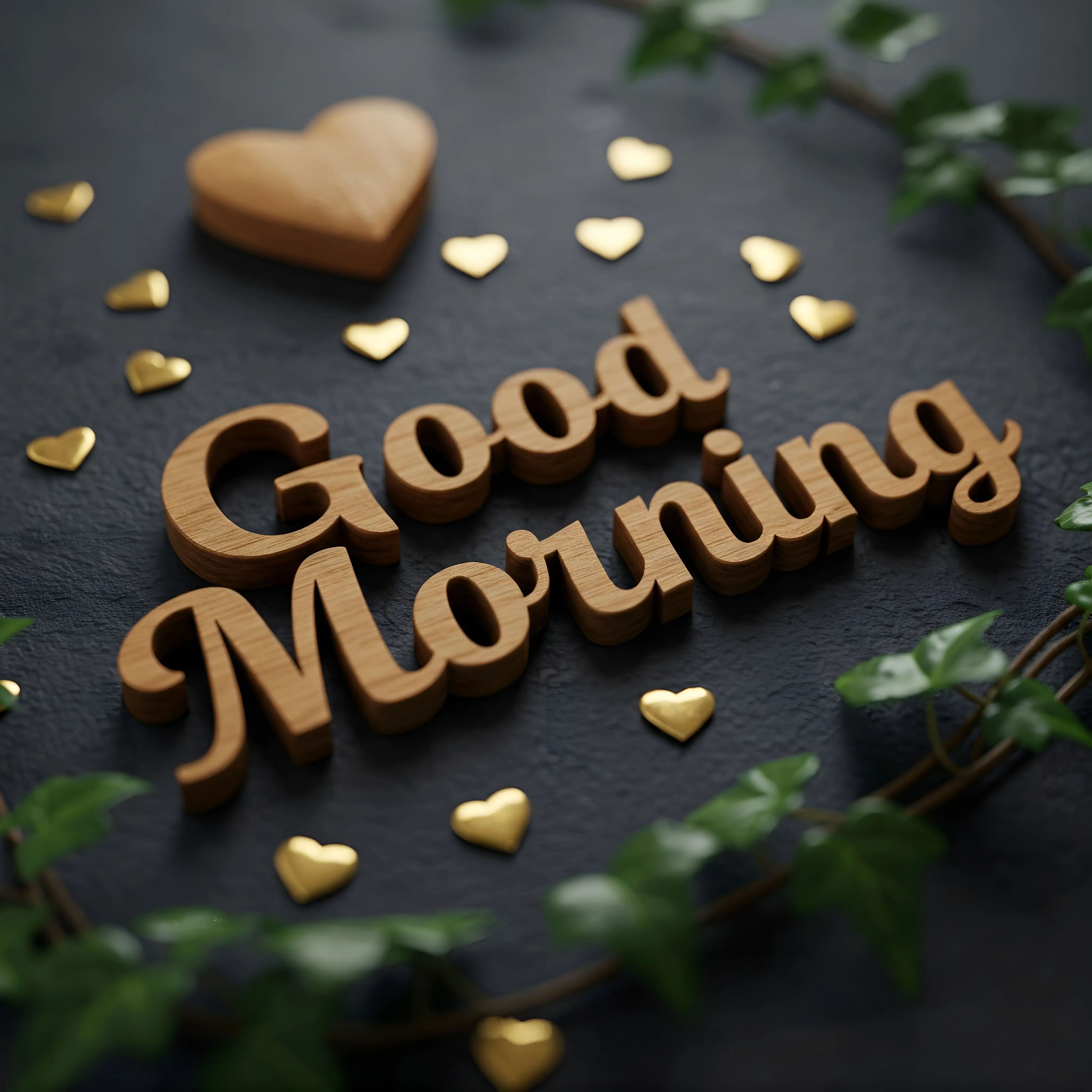 Wooden Good Morning Greeting with Golden Hearts and Ivy on Dark Background