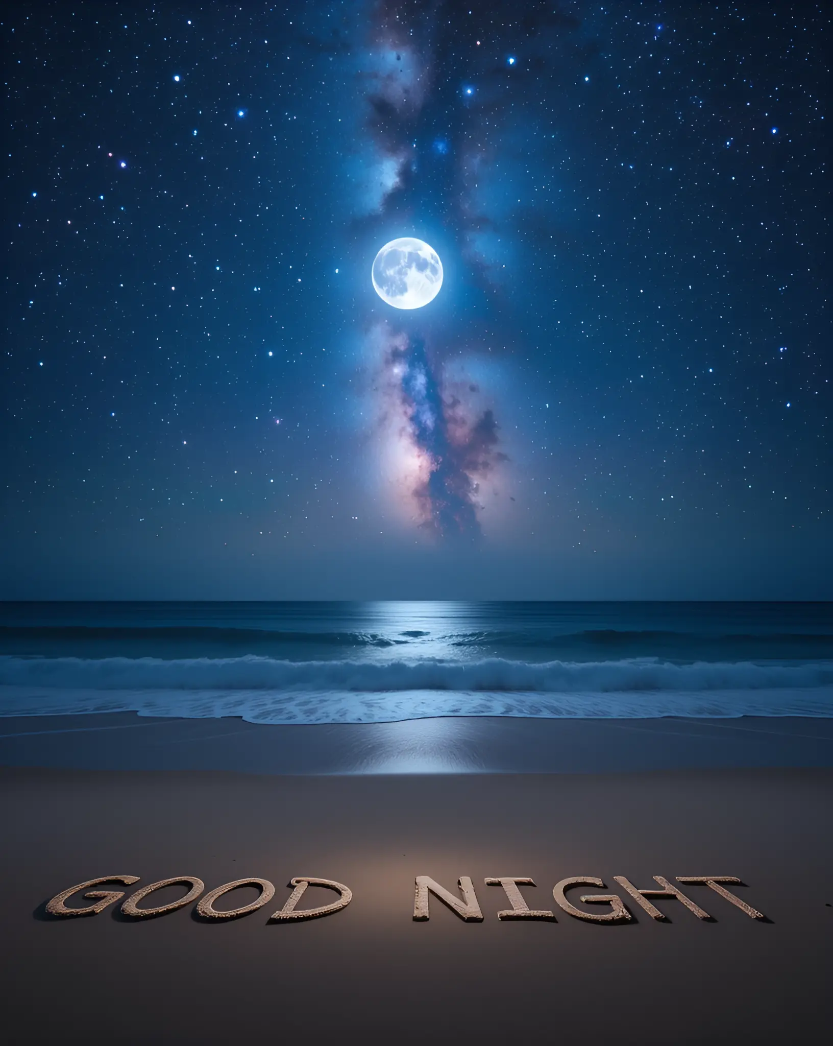 Majestic Night Sky with Full Moon Over Ocean and Peaceful Beach Scene
