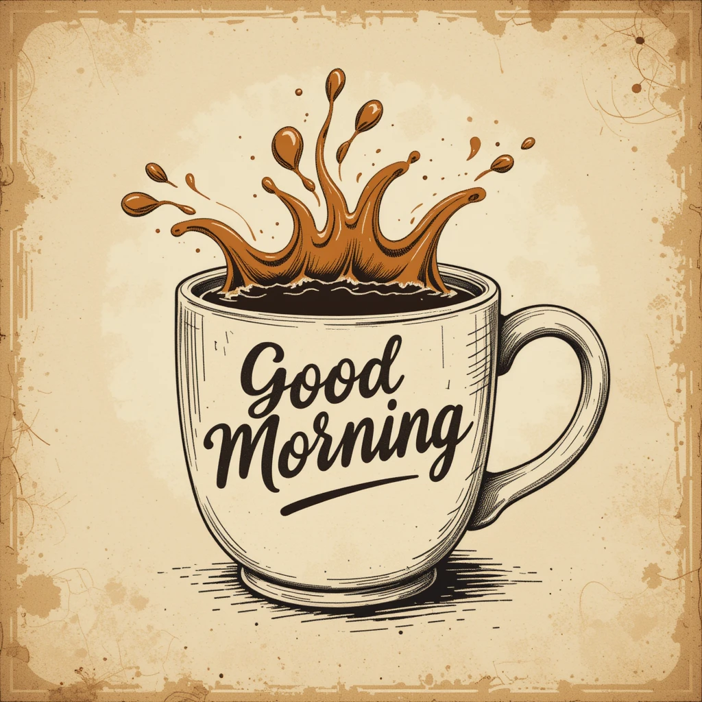 Hand-Drawn Coffee Mug with Splash and Good Morning Text Illustration