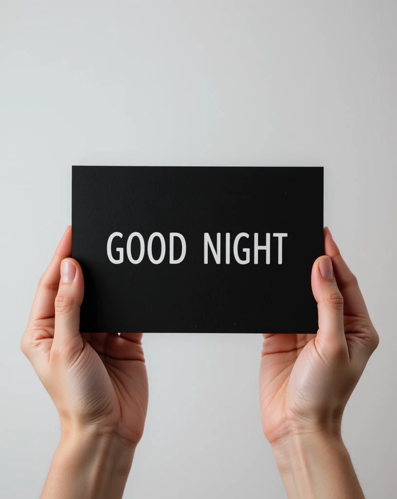 Hands Holding Black Card with Good Night Text Message