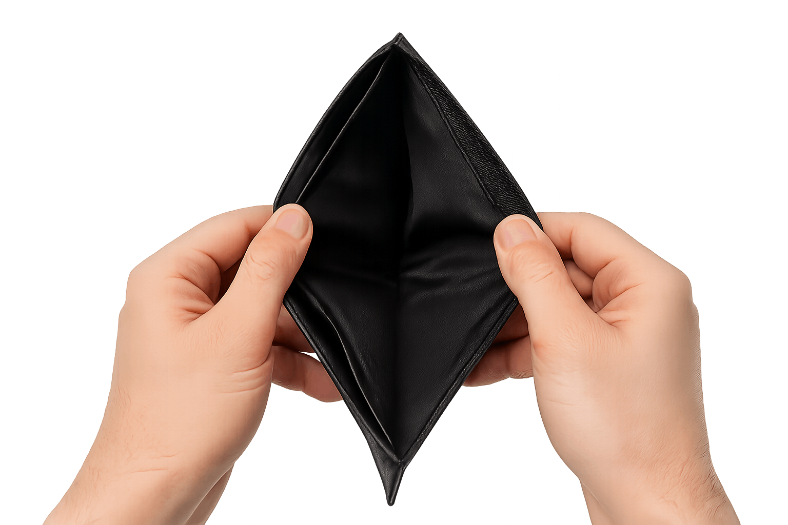 Hands Opening Empty Black Wallet Transparent Background