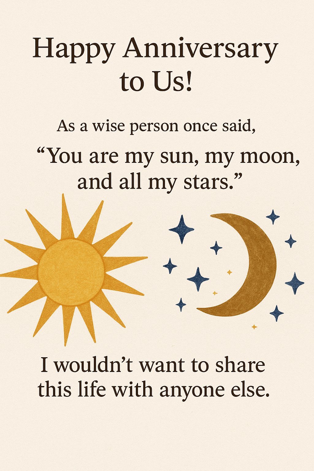 Happy Anniversary Card with Sun, Moon, and Stars Illustration