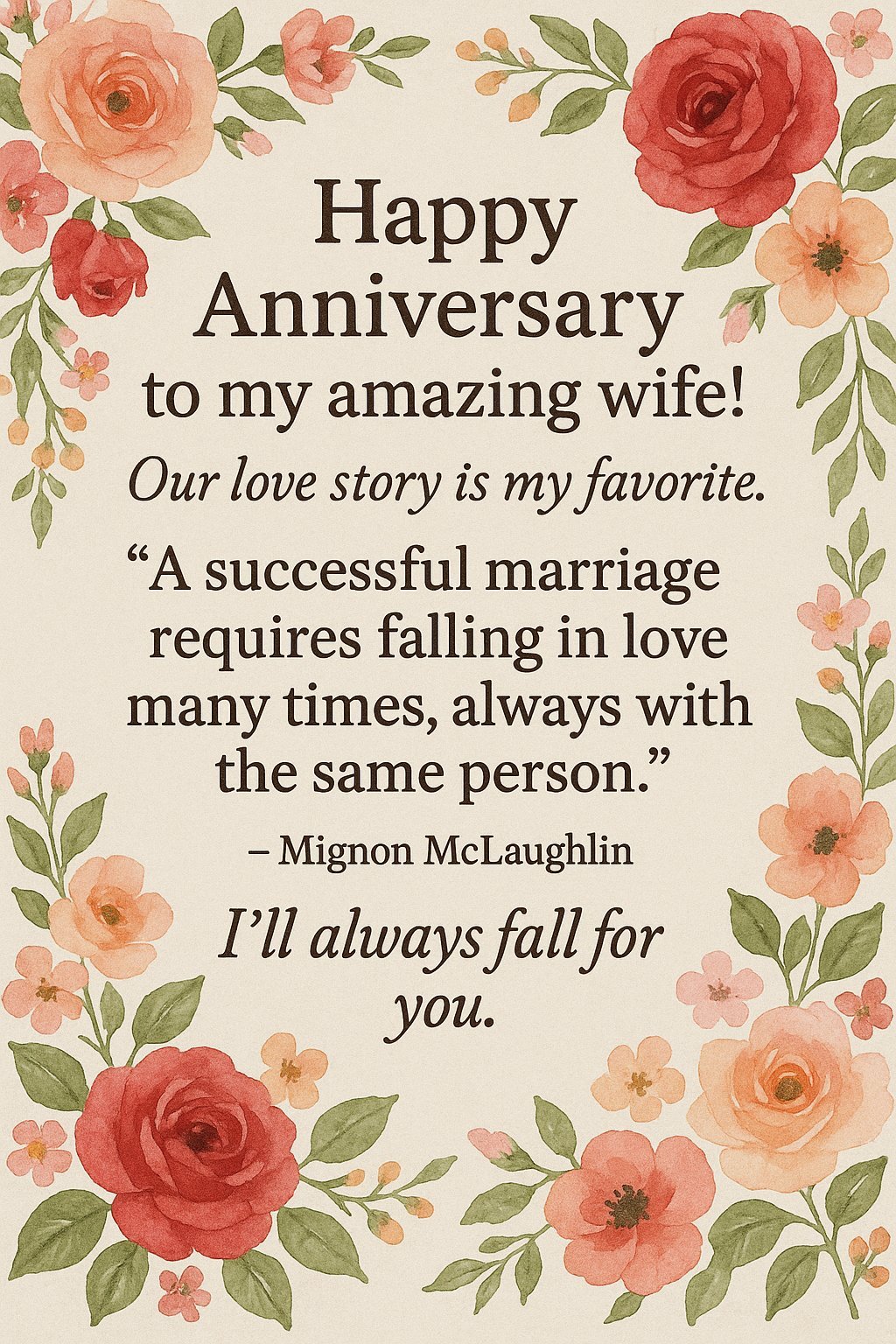 Happy Anniversary Greeting Card with Floral Design and Romantic Quote