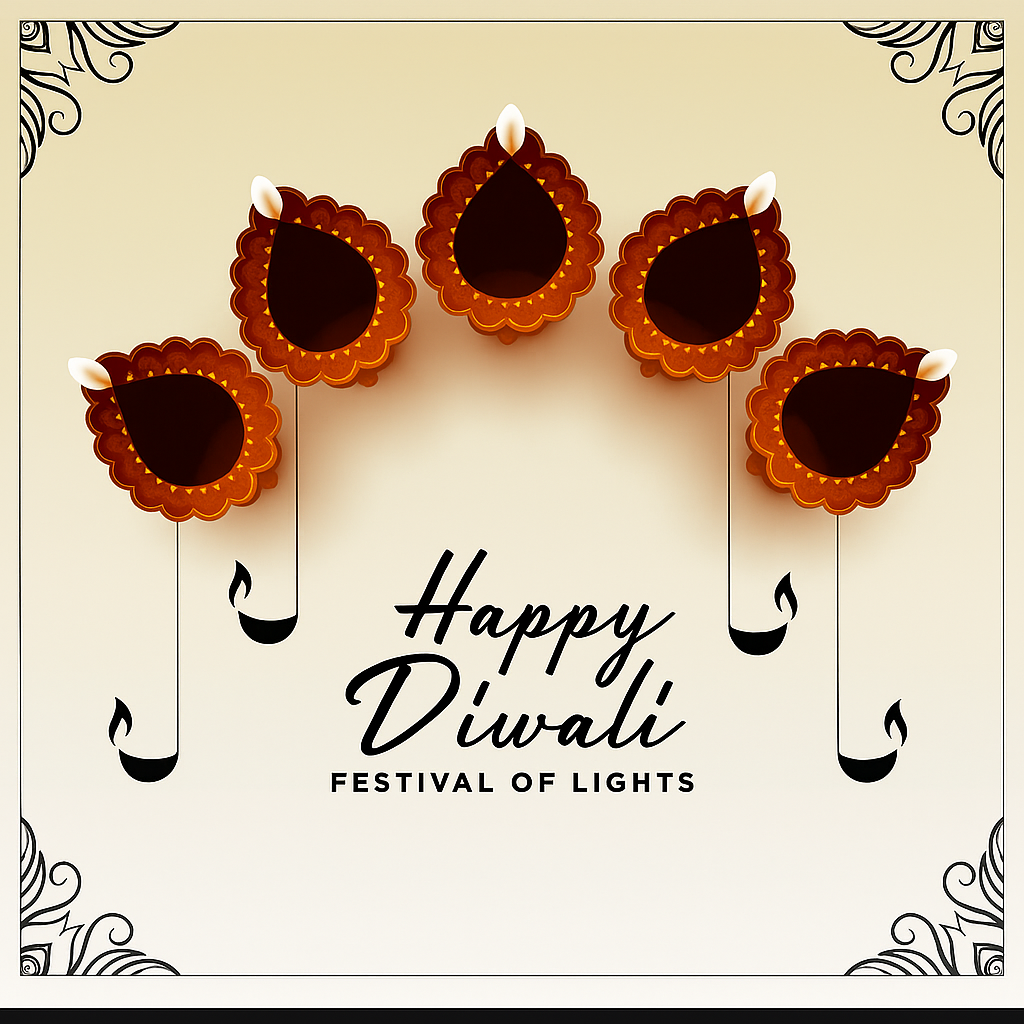 Happy Diwali Greeting with Warmly Lit Decorative Diyas and Elegant Typography