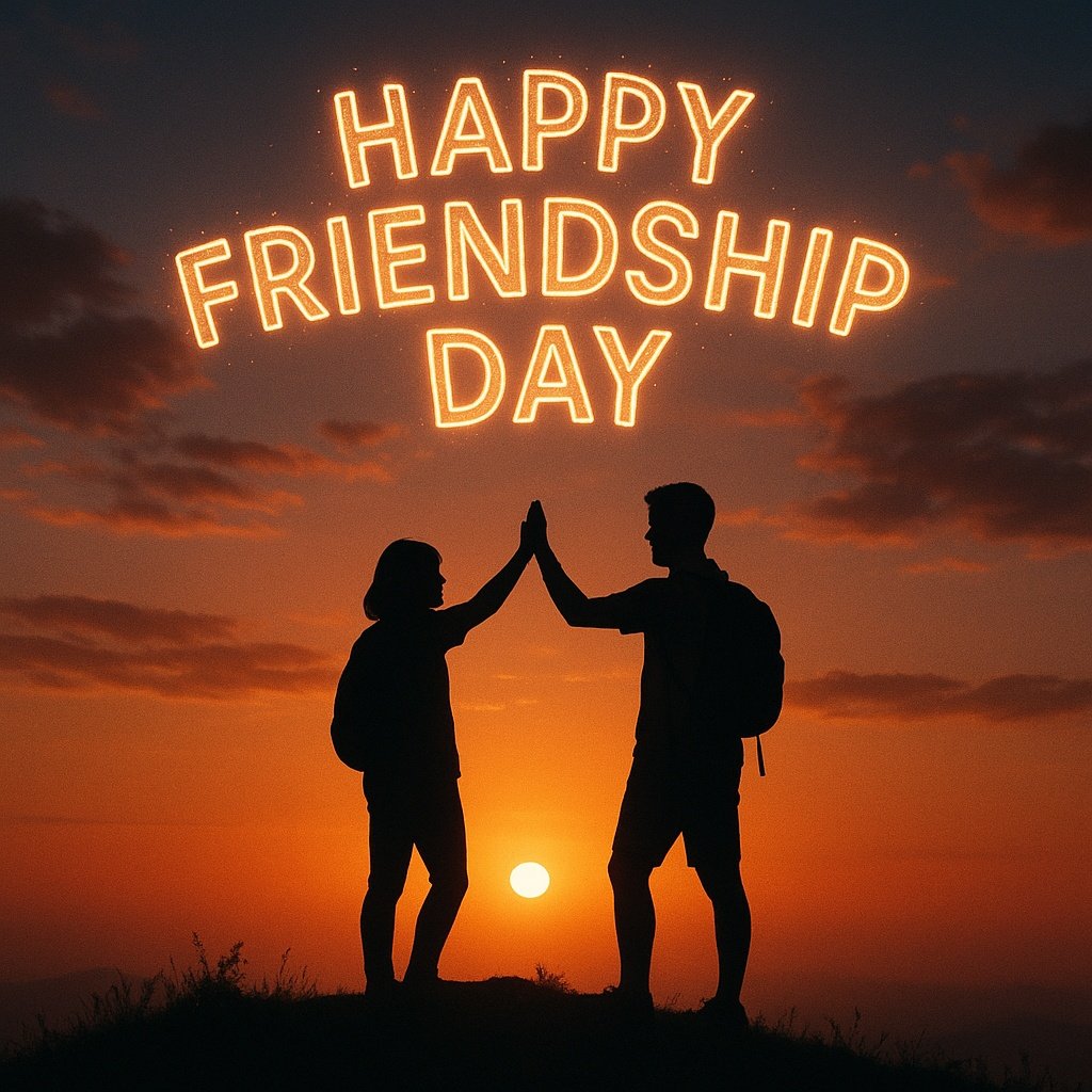 Happy Friendship Day Celebration with Friends High-Fiving During Sunset