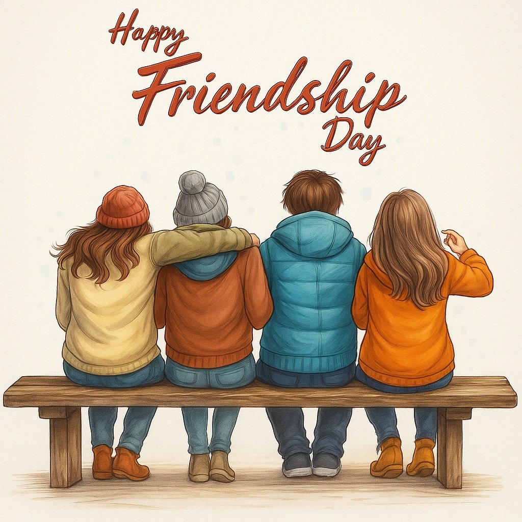 Happy Friendship Day Celebration with Friends Sitting on a Bench Together