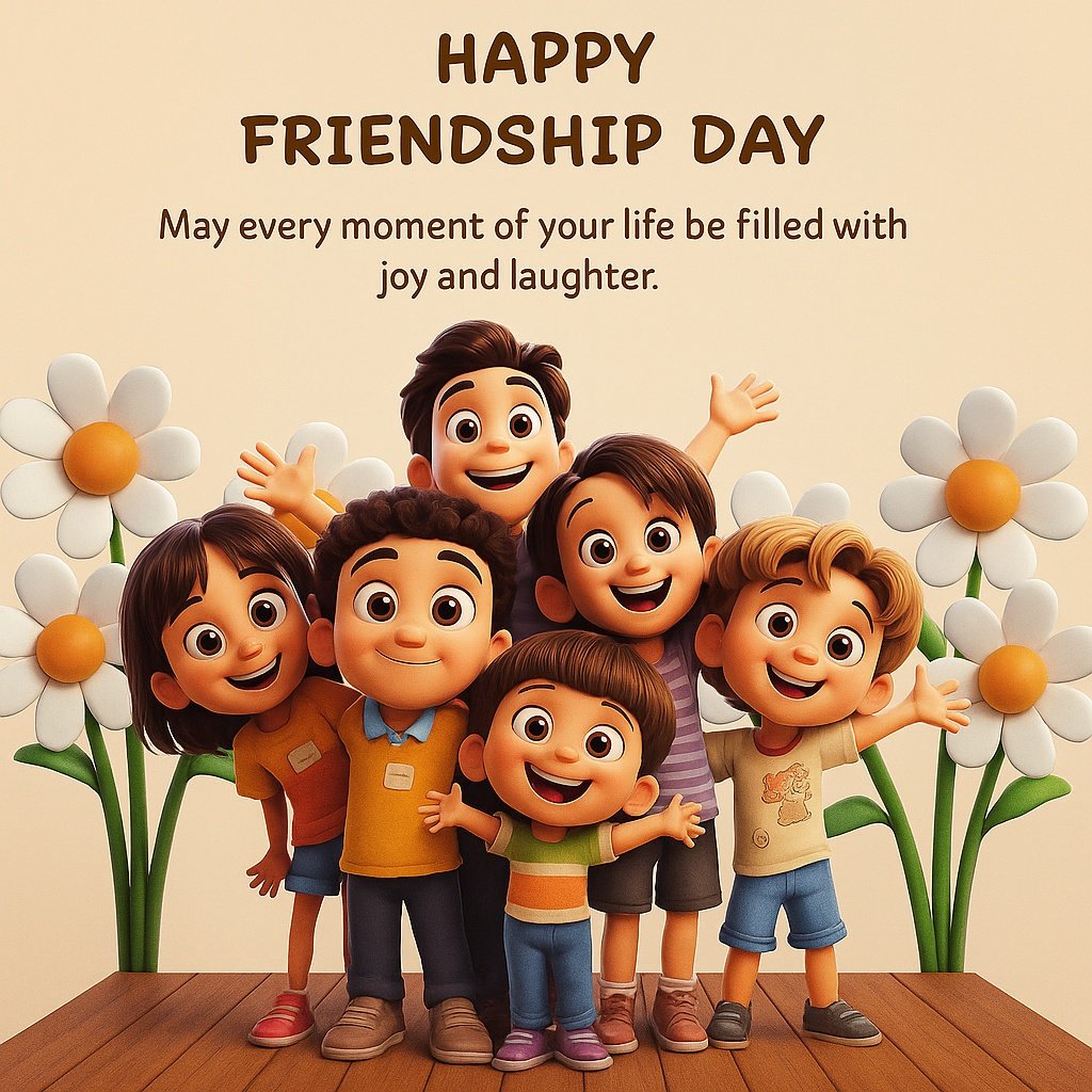 Happy Friendship Day Celebrations With Cheerful Kids and Daisy Background Decor