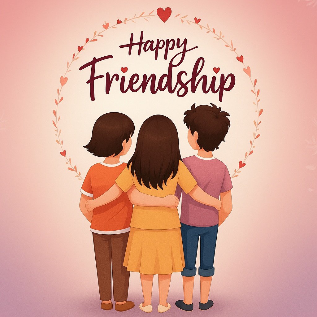 Happy Friendship Day Illustration with Friends Embracing in a Heart Wreath