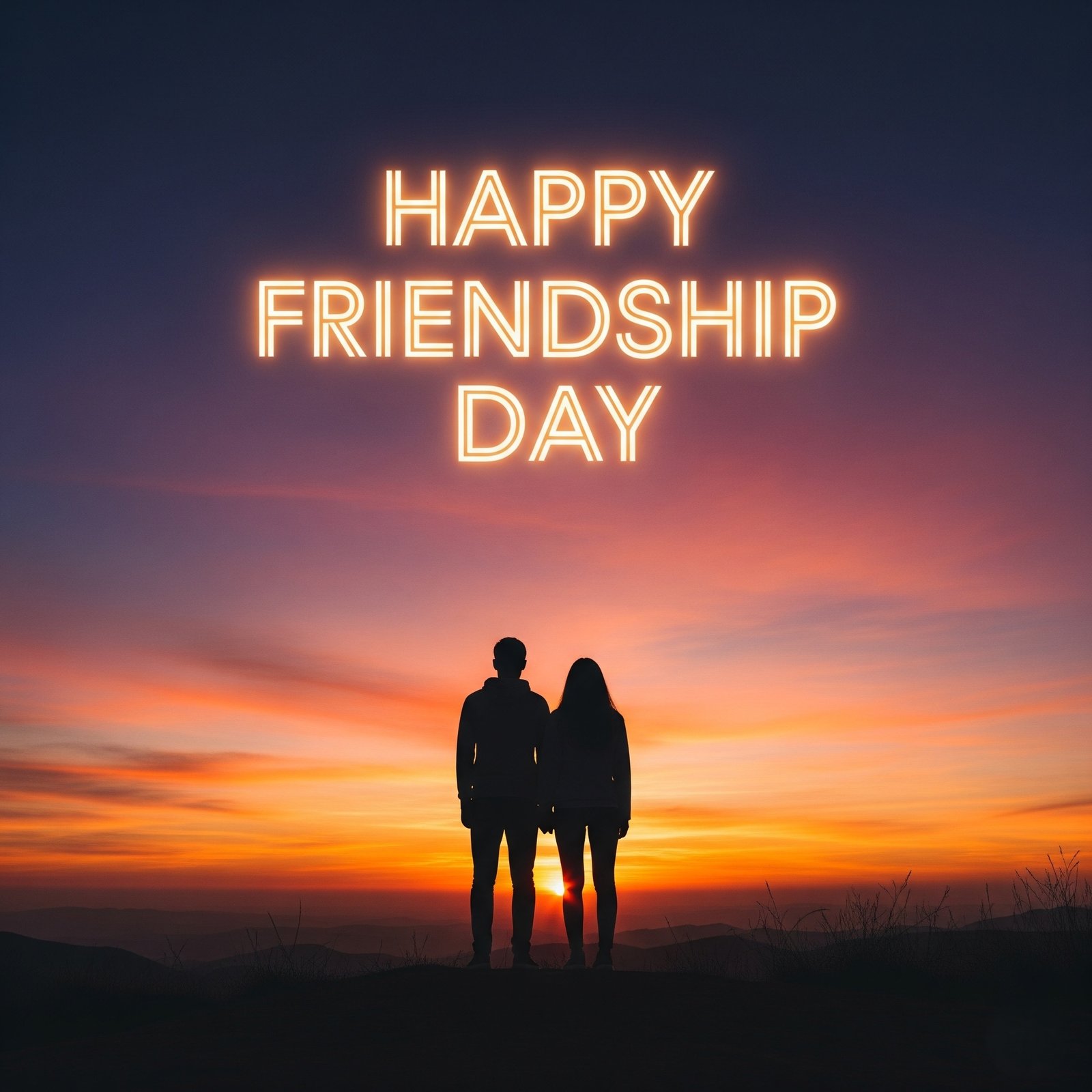 Happy Friendship Day with Silhouetted Friends and Sunset Sky
