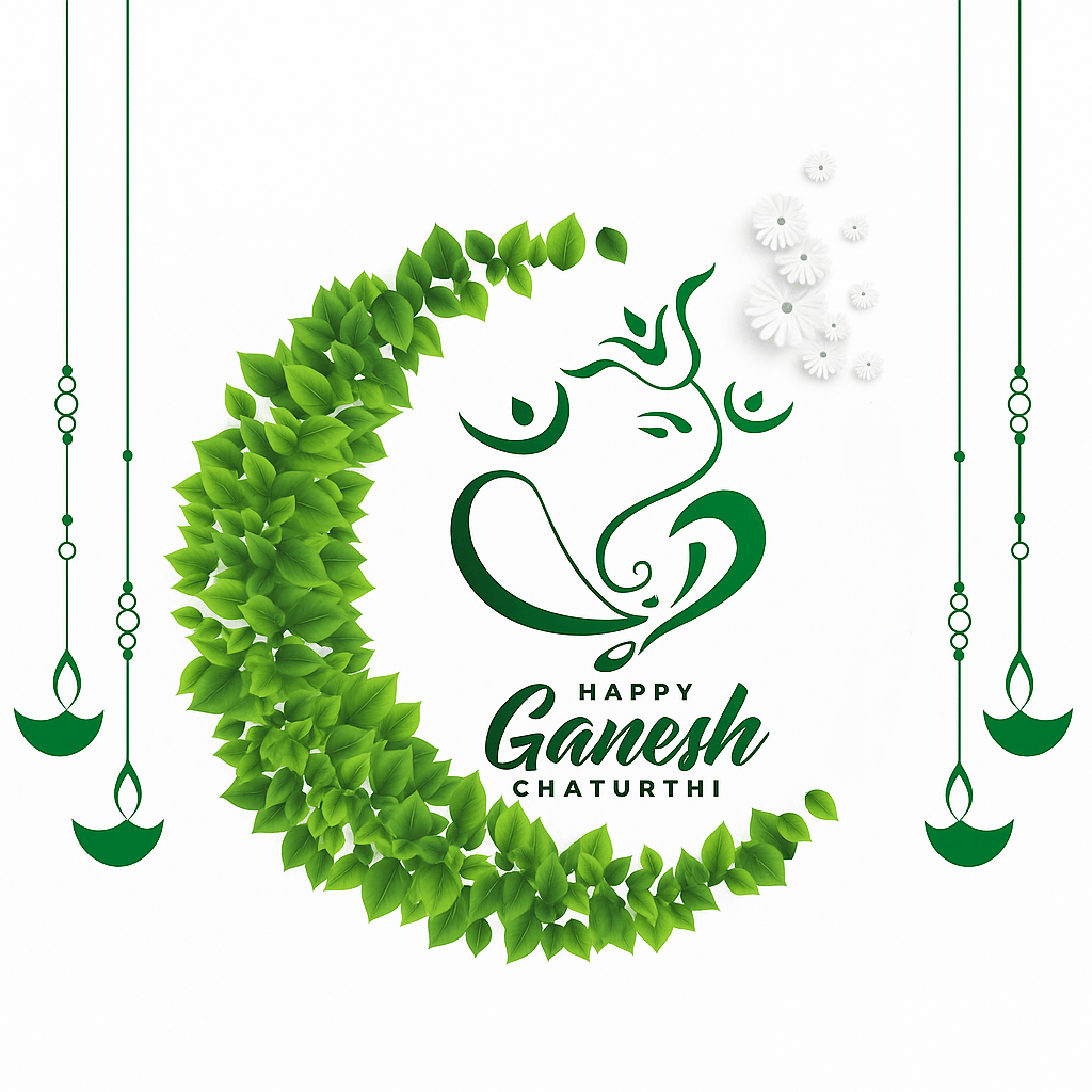 Happy Ganesh Chaturthi Design With Green Leaves and Decorative Floral Elements