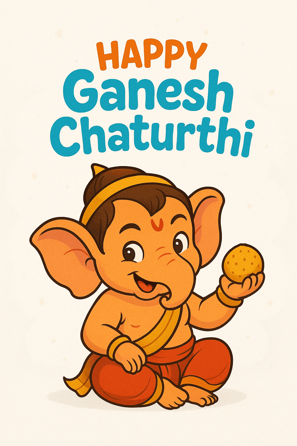 Happy Ganesh Chaturthi Greeting with Cartoon Lord Ganesha Holding Laddu
