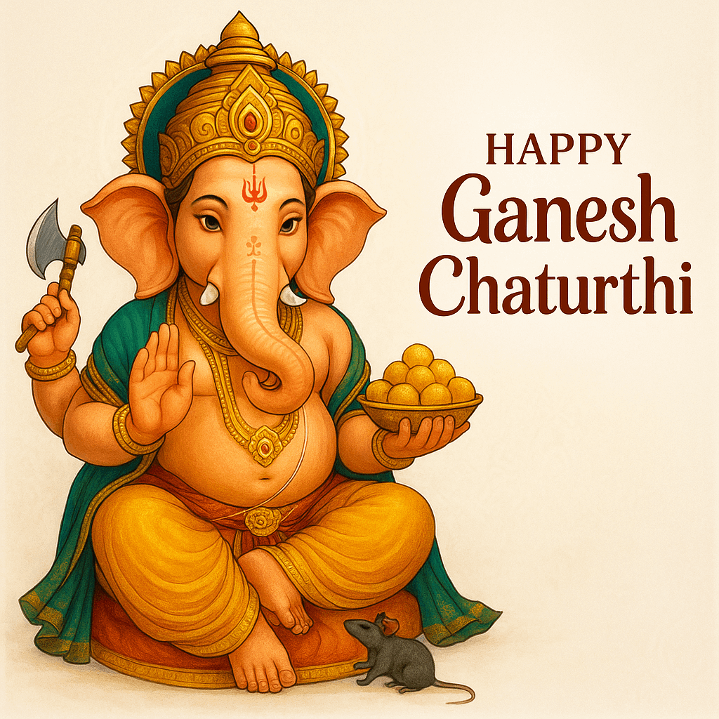 Happy Ganesh Chaturthi Illustration Featuring Lord Ganesha with Traditional Elements