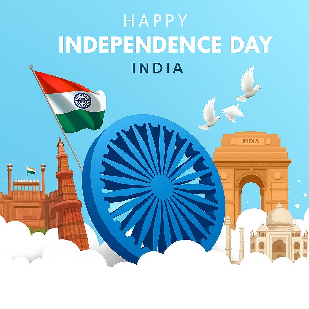 Happy Independence Day Celebration in India Featuring National Symbols and Monuments