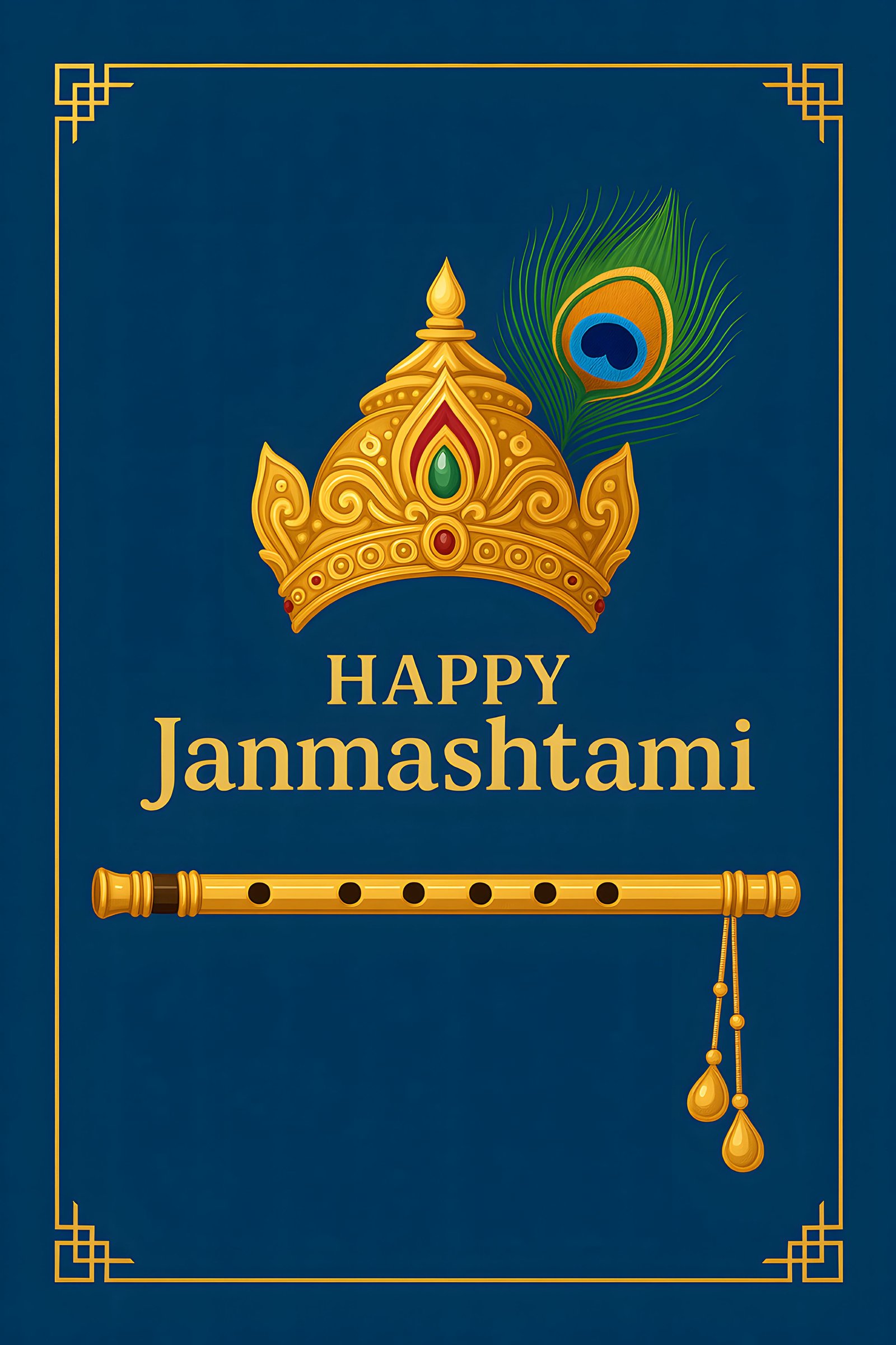 Happy Janmashtami Celebration Featuring a Crown, Flute, and Peacock Feather Design