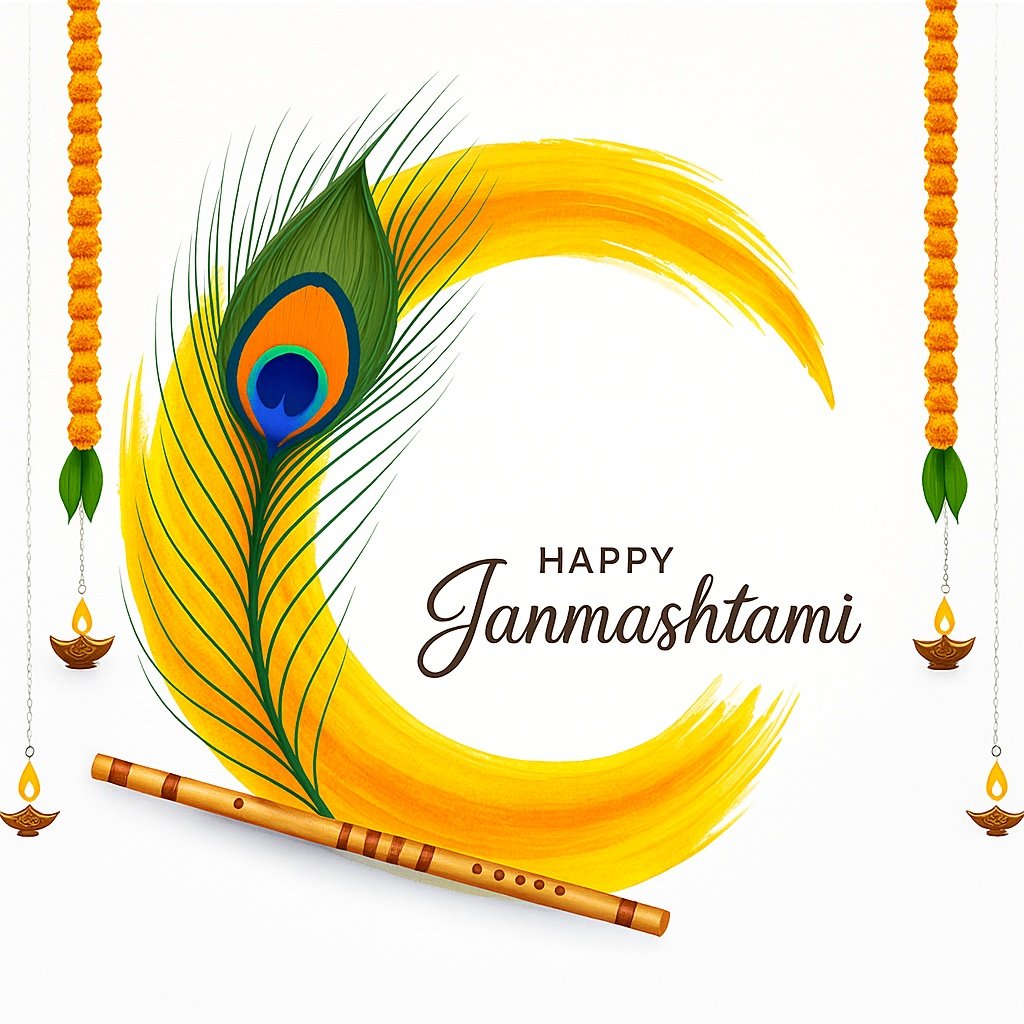 Happy Janmashtami Celebration Featuring Flute, Peacock Feather, and Yellow Swirls