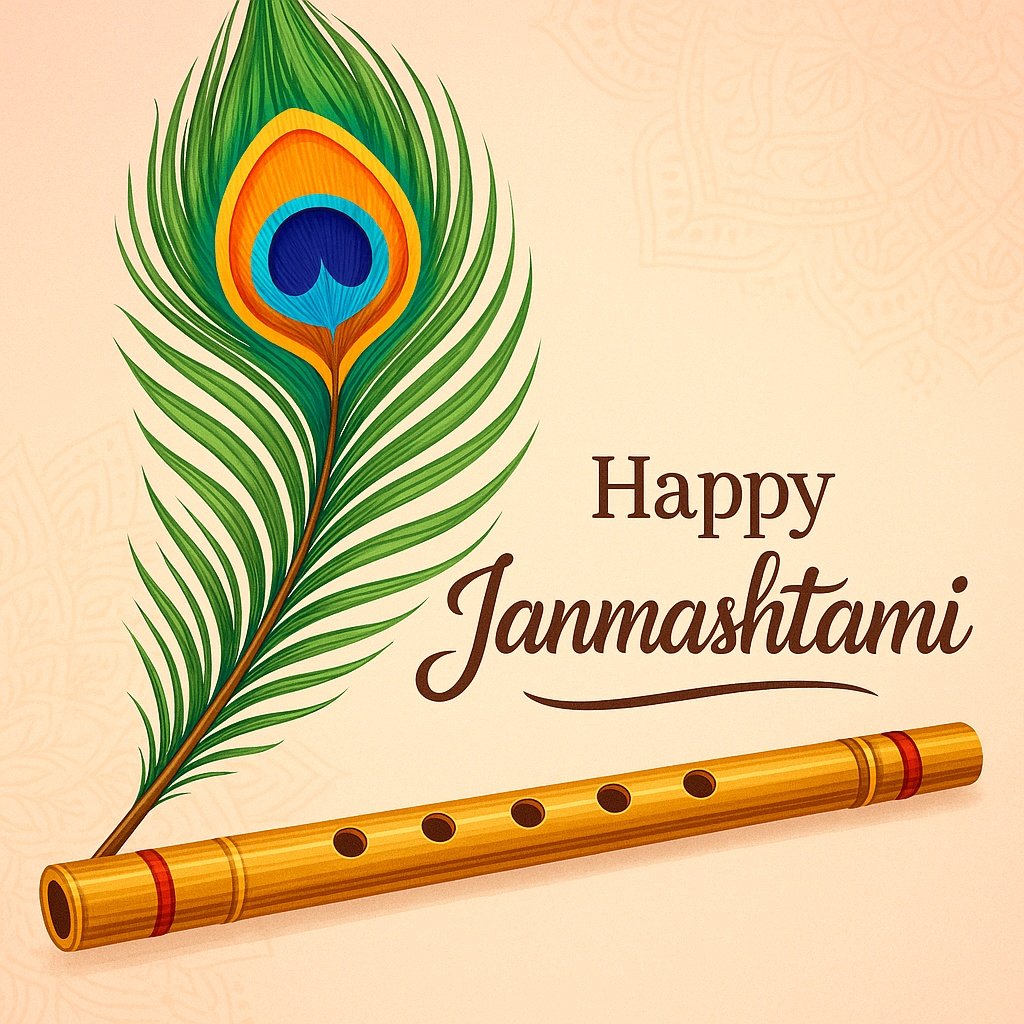 Happy Janmashtami Greeting Card with Flute and Peacock Feather Illustration