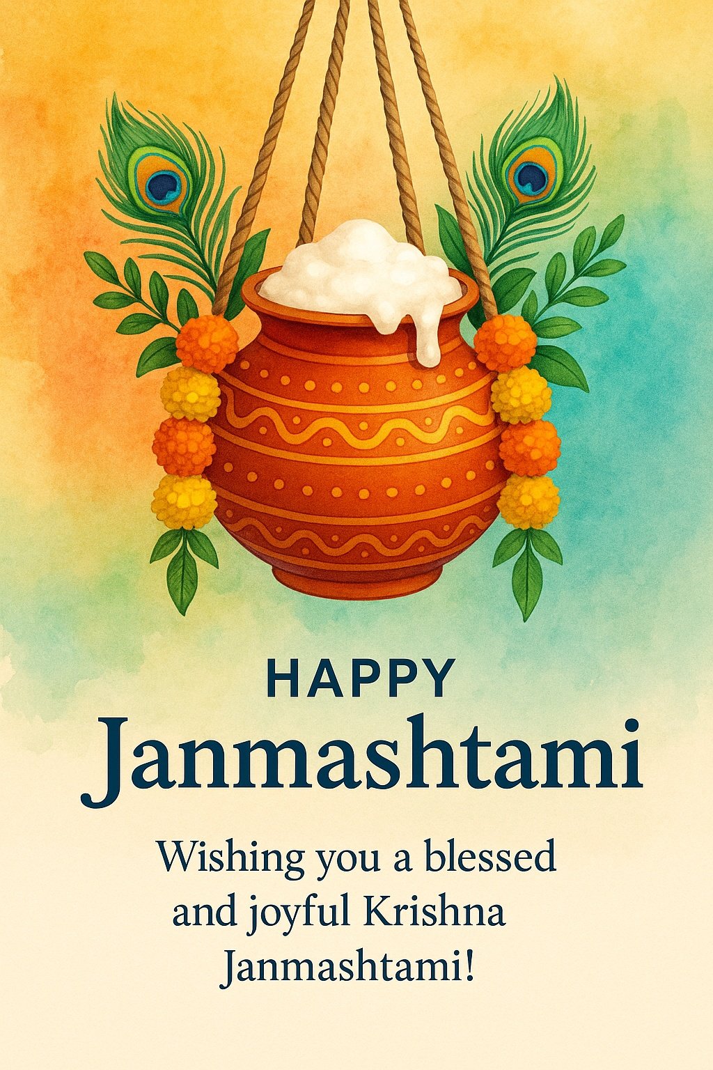 Happy Janmashtami Greeting Card with Pot and Decorations