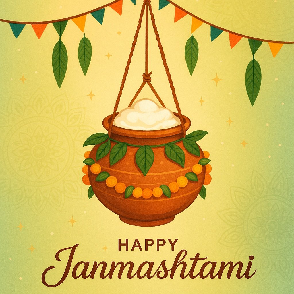 Happy Janmashtami Greeting with Clay Pot Decoration and Festive Garland