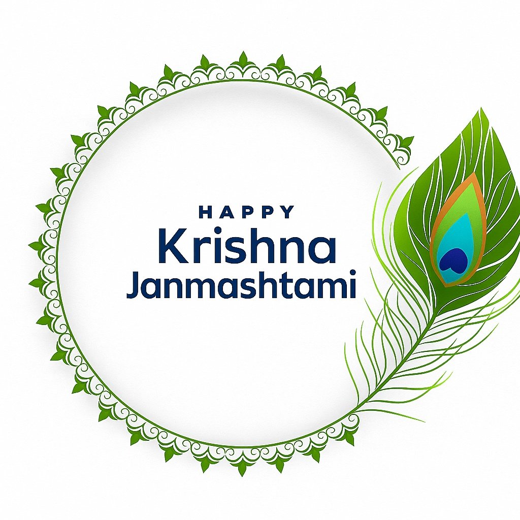 Happy Krishna Janmashtami Celebration Design Featuring Peacock Feather and Decorative Frame