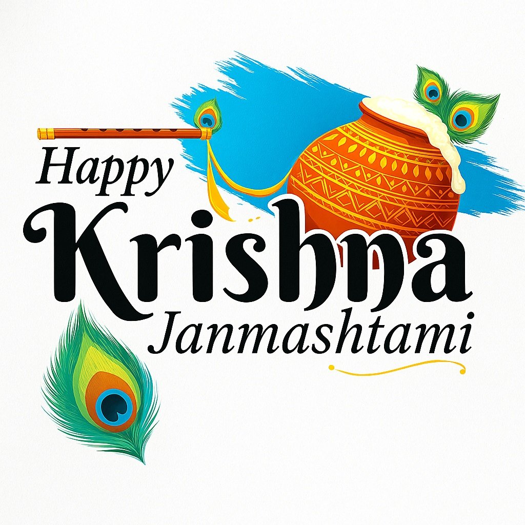 Happy Krishna Janmashtami Celebration with Pot, Flute, and Peacock Feathers Design