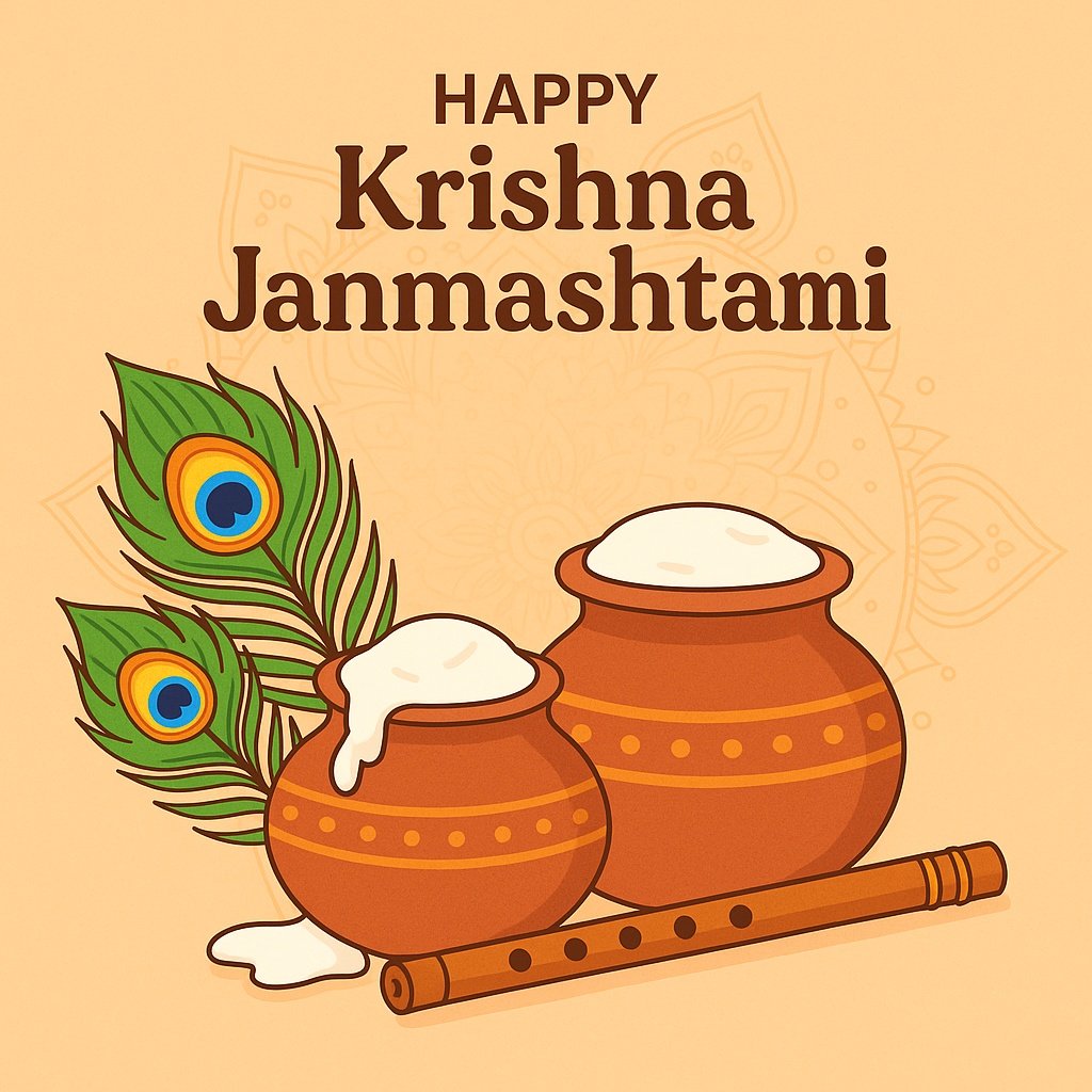 Happy Krishna Janmashtami Illustration Featuring Pots, Peacock Feathers, and Flute