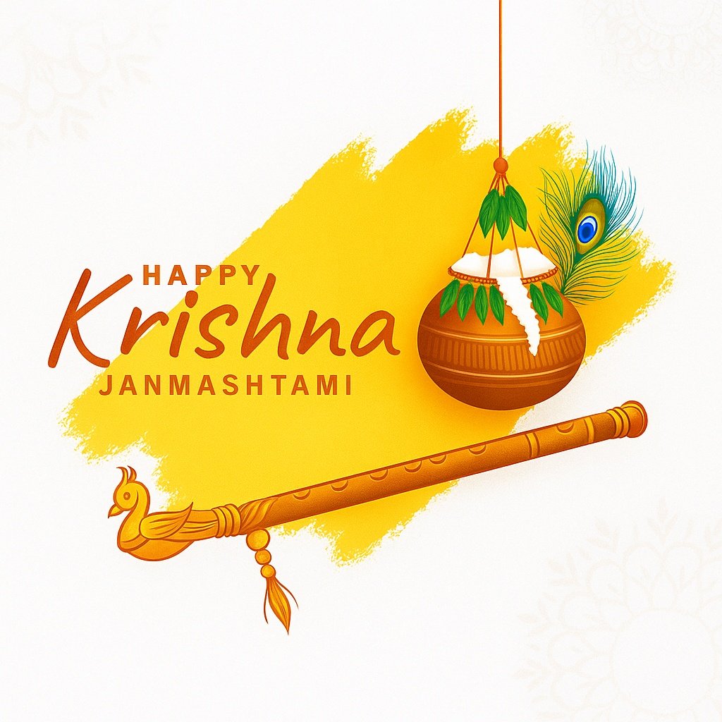 Happy Krishna Janmashtami Illustration with Flute and Traditional Pot