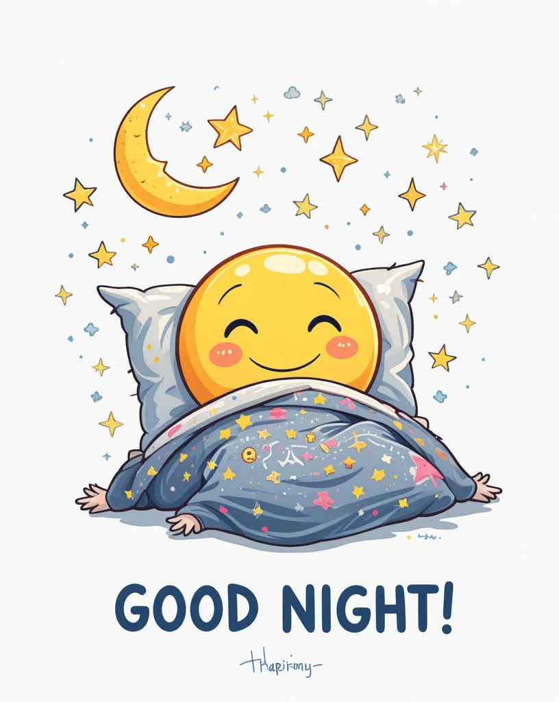Happy Smiley Face Sleeping Under a Starry Night with Moon and Stars