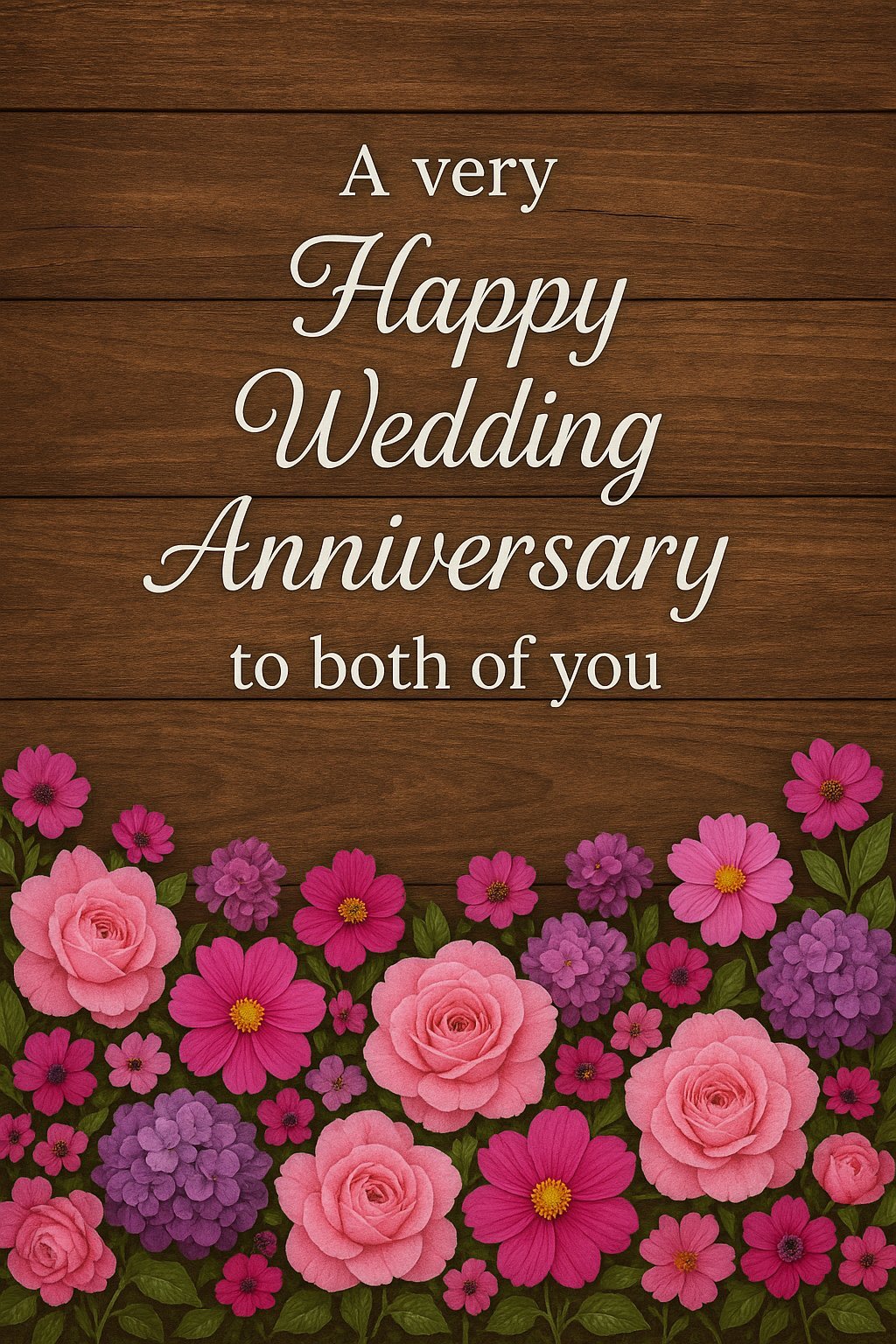 Happy Wedding Anniversary Card with Flowers and Wooden Background