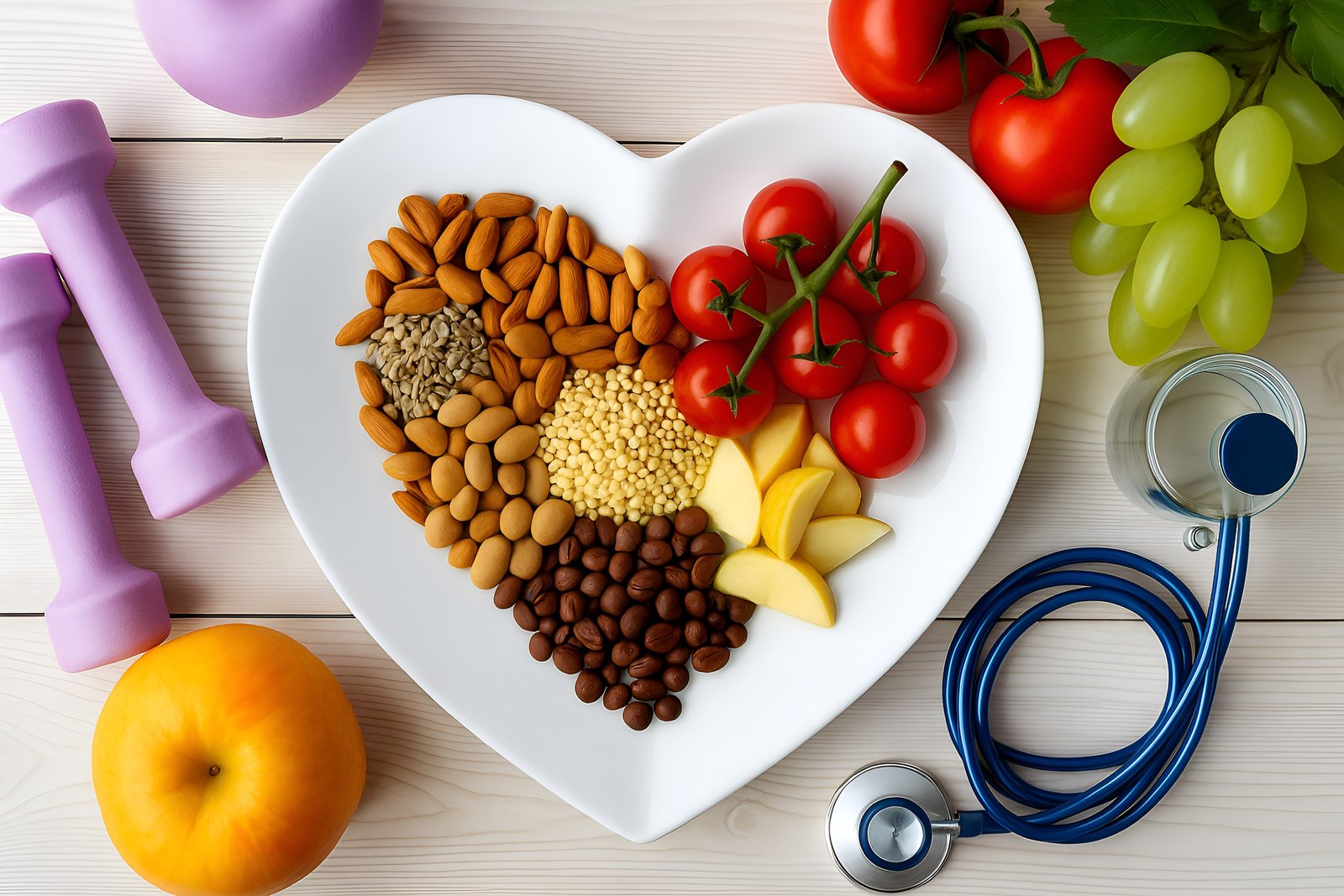 Healthy Lifestyle Concept with Fruits, Vegetables, Nuts, and Fitness Equipment