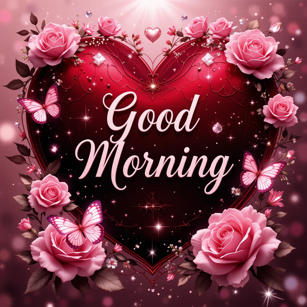 Heartfelt Good Morning Greeting with Pink Roses and Butterflies
