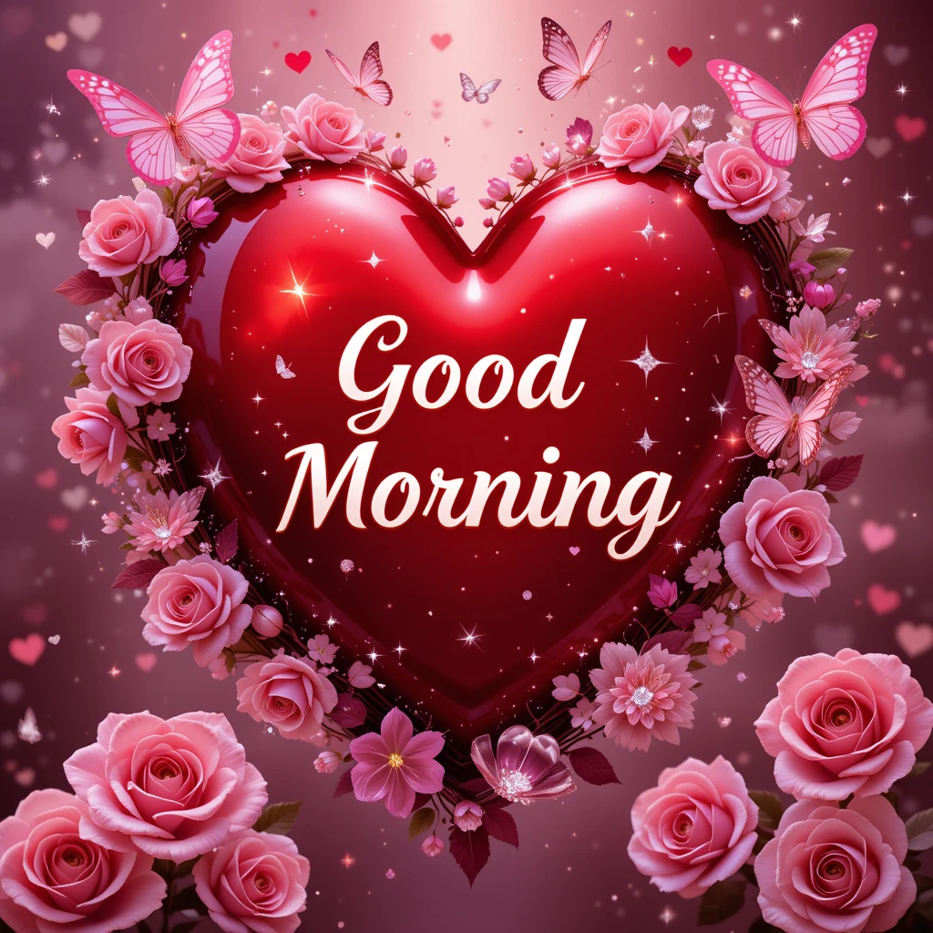 Heartful Good Morning Greeting With Roses and Butterflies